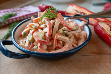 Budapest sausage salad fresh and homemade with sausage, peppers, pickles, marinated in a delicious mayonnaise sauce