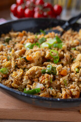 Fried rice with egg and vegetables. Healthy vegetarian food