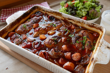 Oven braised chicken breast with delicious sauce and vegetables in a casserole dish