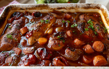 Oven braised chicken breast with delicious sauce and vegetables in a casserole dish