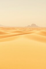 A vast desert landscape with sand dunes and a distant rocky formation under haze Mobile wallpaper.