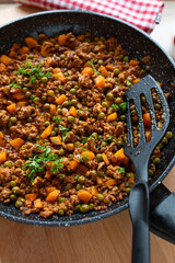 Quick dinner recipe with pan fried minced meat, peas and carrot in a delicious sauce. Served ready to eat in frying pan