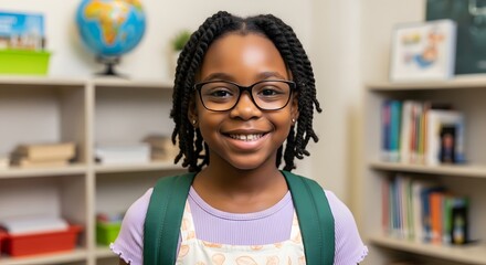 A happy young african american girl with braided hair and glasses, wearing a backpack, smiles at the camera in a bright classroom setting with bookshelves