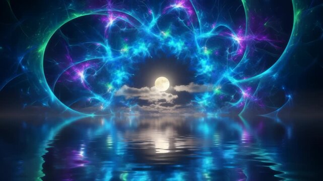 Mystical portal reflecting in water under full moon with abstract glowing swirls background