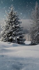 Obraz premium A snowy landscape featuring snow covered trees and falling snow in winter scene Mobile wallpaper.