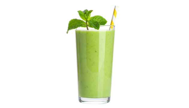 Green smoothie in tall glass with straw, isolated on white background, healthy detox drink