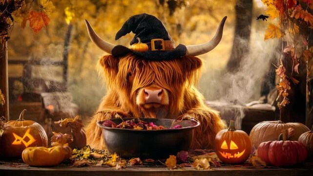 Highland cow in witch hat stirring cauldron surrounded by halloween pumpkins in autumn setting