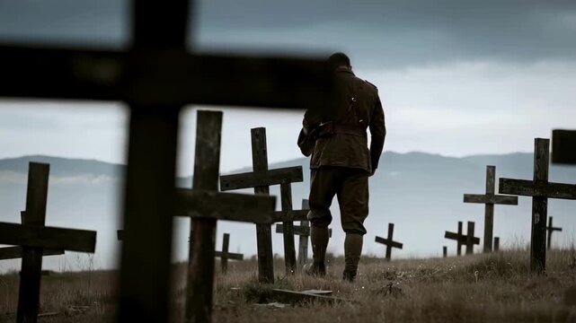 A soldier in historical uniform walking sorrowfully through a military cemetery filled with crosses, a powerful scene of loss, remembrance, and the sacrifice made during war