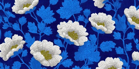 Floral embroidery pattern, white peonies on navy