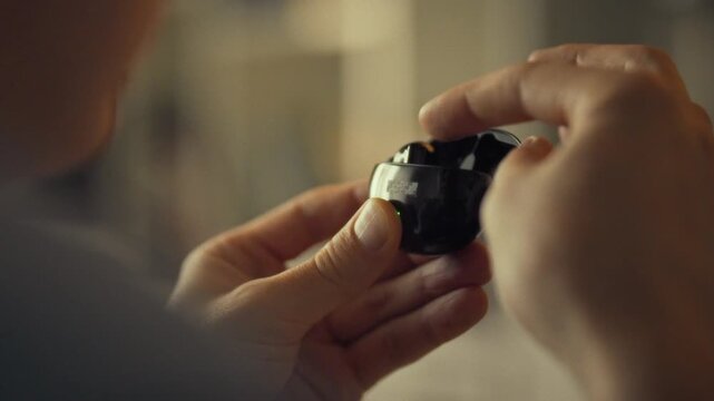 A man holds a compact case for charging wireless headphones. A close-up of his hands emphasizes the detail. The action takes place in a home environment, showing a moment of his relaxation