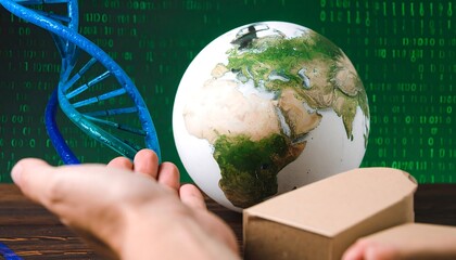 A hands-held globe, DNA strand, and cardboard box against a binary code backdrop portray a delicate balance between technological advancement and environmental concerns.