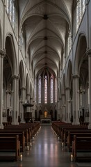 Fototapeta premium Interior view of a grand cathedral featuring rows of pews, columns, and stained glass windows