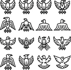Stylized Eagle Line Art Grid. Heraldic Eagle Emblem Collection. Bold Iconic Eagle Illustration Set.

