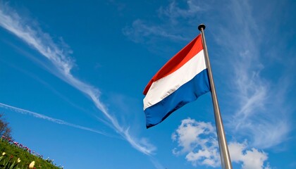 A vibrant Dutch flag billows proudly against a vivid blue sky dotted with wispy clouds.