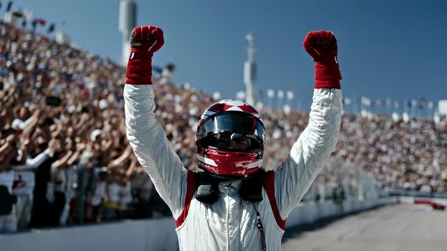 Professional race car driver celebrating victory on the track with hands up, symbolizing achievement, professional sports success and the thrill of competition
