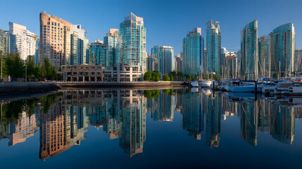 Fototapeta premium Serene cityscape with buildings reflecting in calm waterfront