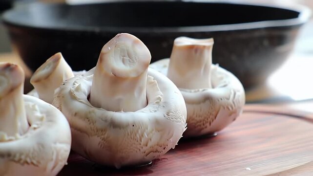 Close Up of Raw White Mushrooms on Wooden Cutting Board with Cast Iron Pan in Blurred Kitchen Background