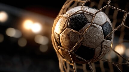 Worn soccer ball in a net, stadium lights