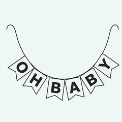Oh baby banner hanging against a white wall, celebrating a new arrival with simple elegance and a minimalist aesthetic.
