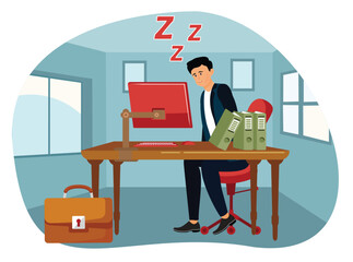 Tired Office Worker Sleeping at Desk With Files and Computer Screen.