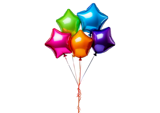 Five star balloons of different colors red, blue, yellow, green and purple isolated on transparent or white background