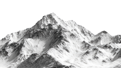 Snowy mountain peak against a black background.  Sharp, detailed peaks.  Vast expanse of snow