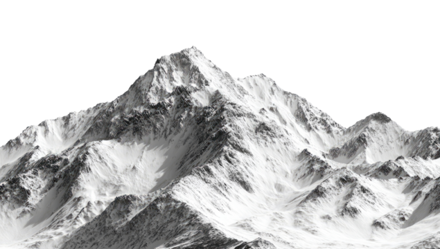 Snowy mountain peak against a black background.  Sharp, detailed peaks.  Vast expanse of snow