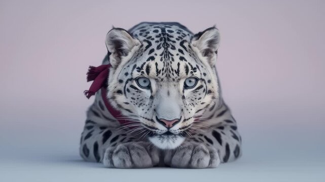 Snow leopard with burgundy scarf lying on grey surface
