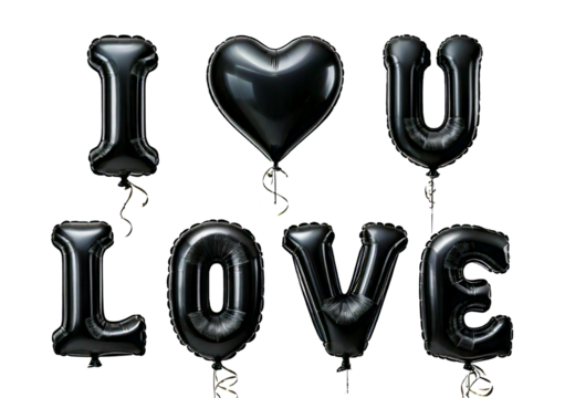 I LOVE YOU and heart shaped black foil shiny balloons isolated on transparent or white background
