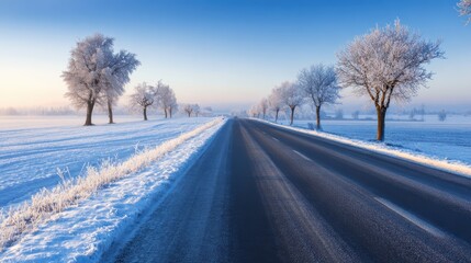 Fototapeta premium Serene winter landscape featuring a frosty road lined with snow-covered trees under a clear blue sky