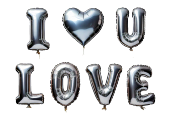 I LOVE YOU and heart shaped Silver foil shiny balloons isolated on transparent or white background