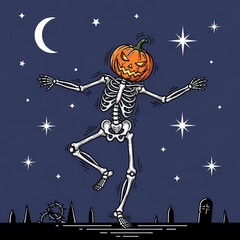 A cartoon skeleton with a carved pumpkin for a head dancing in a spooky graveyard at night under the moon and stars.