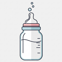 Baby bottle filled with milk sitting on a white surface, ready for feeding with a simple and clean aesthetic.