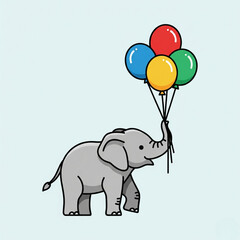 Cute elephant walking with colorful balloons against a light blue backdrop, creating a whimsical and cheerful scene that evokes feelings of joy and celebration.