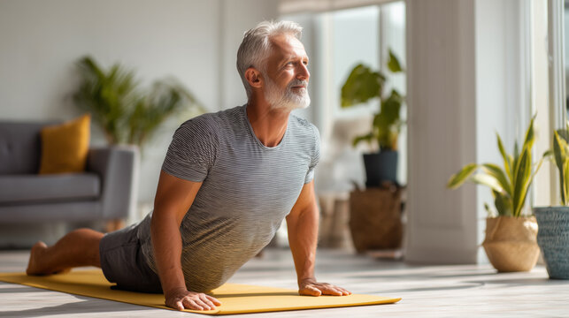 Man in gray shirt practicing yoga or stretching exercise on mat