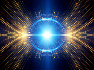 Fototapeta premium A bright, central light bursts forth, encircled by a glowing blue ring and radiating streaks of golden light against a dark backdrop, suggesting speed and energy.