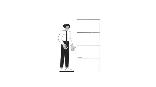 Hispanic businessman stacking blocks for data visualization outline hand drawn 2D character animation. Latino office worker building dataset animated person handdrawn isolated. Doodle drawing 4K video