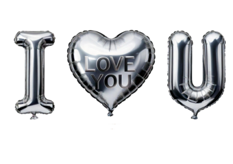 Silver balloons with the inscription I love you isolated on transparent or white background