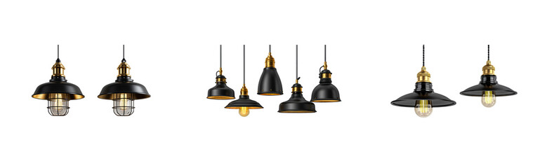 Collection of Industrial Style Pendant Lights with Black and Gold Finishes, cut out transparent