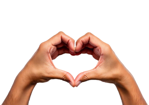 Top pov above overhead close up view photo of hands making shape of heart isolated on transparent or white background