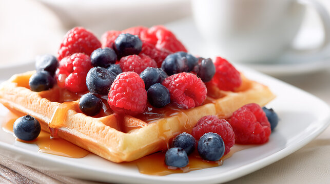 Fresh waffles topped with blueberries and raspberries, drenched in syrup on a white plate. - Powered by Adobe