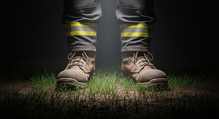 Fototapeta premium closeup of firefighter's boots and reflective pants standing on grassy soil. contrast between rugged footwear and lush grass. safety, emergency service banner