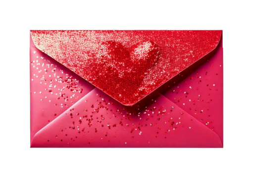 Valentine heart gift. Glitter Valentine Day gift envelopes isolated on transparent or white background