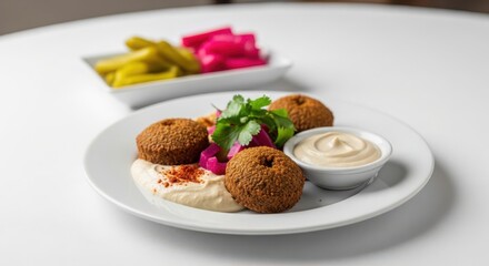 Middle eastern falafel plate with hummus, tahini, pickles, and vegetables on white background