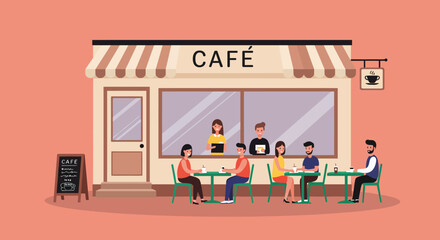 People sitting at tables outside a cafe, enjoying food and drinks, socializing, and interacting in a relaxed and friendly atmosphere in the city