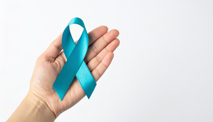 Hand holding teal awareness ribbon. Ovarian Cancer Awareness. Sexual Assault Awareness