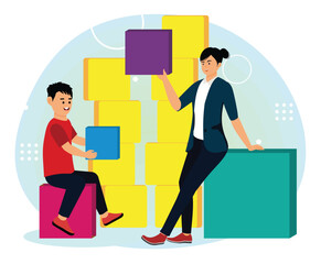 Obraz premium ADHD concept. Cooperative Learning Activity with Blocks Between a Child and a Mentor.