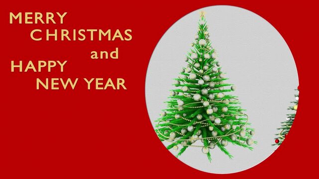 Filmato. Illustrazione 3D. Albero di Natale a comparsa su grafica a sfondo rosso con comparsa di spazio bianco e spazio per testo o logo personalizzato.