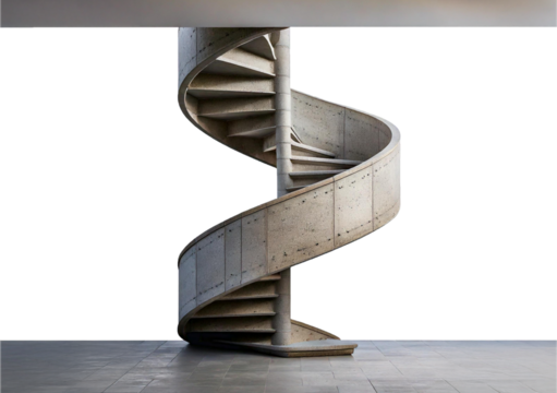 Spiral Staircase Design: A sleek and modern spiral staircase with concrete railing and wooden steps creates a dynamic and captivating architectural element. isolated on transparent or white background