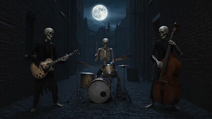 Haunting Harmony: A Skeleton Band Plays Beneath the Full Moon in a Gloomy Alley, Uniting Eerie Atmosphere with Musical Energy in a Spooktacular Performance - Powered by Adobe